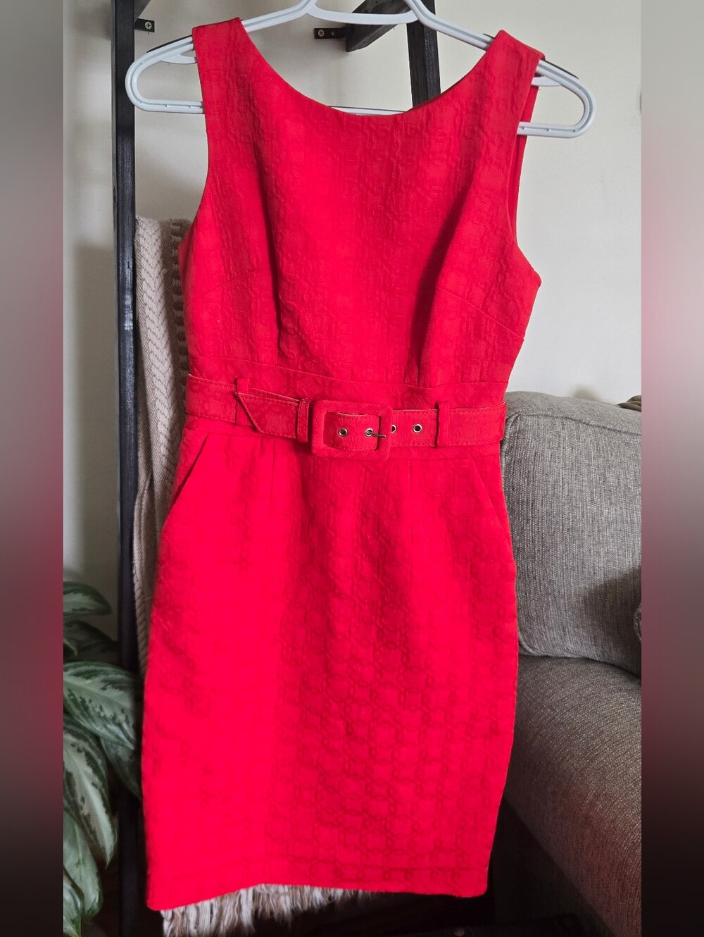 Banana Republic Red Textured Jacquard Belted Sheath Dress
